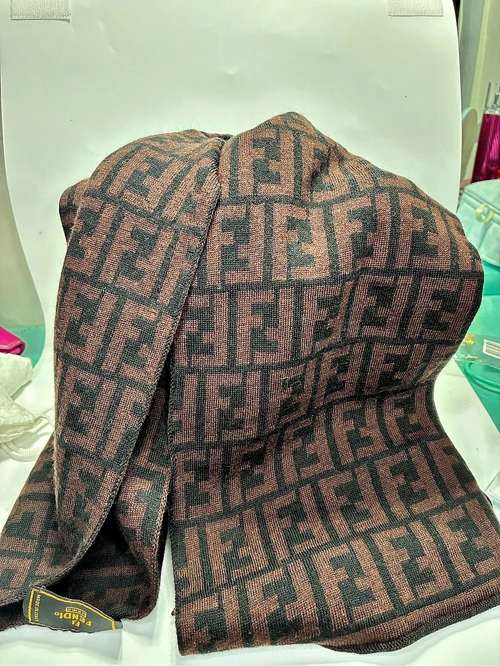 Fendi Zucca FF Logo Knit Scarf Monogram Logo Scarf in Brown & Black
